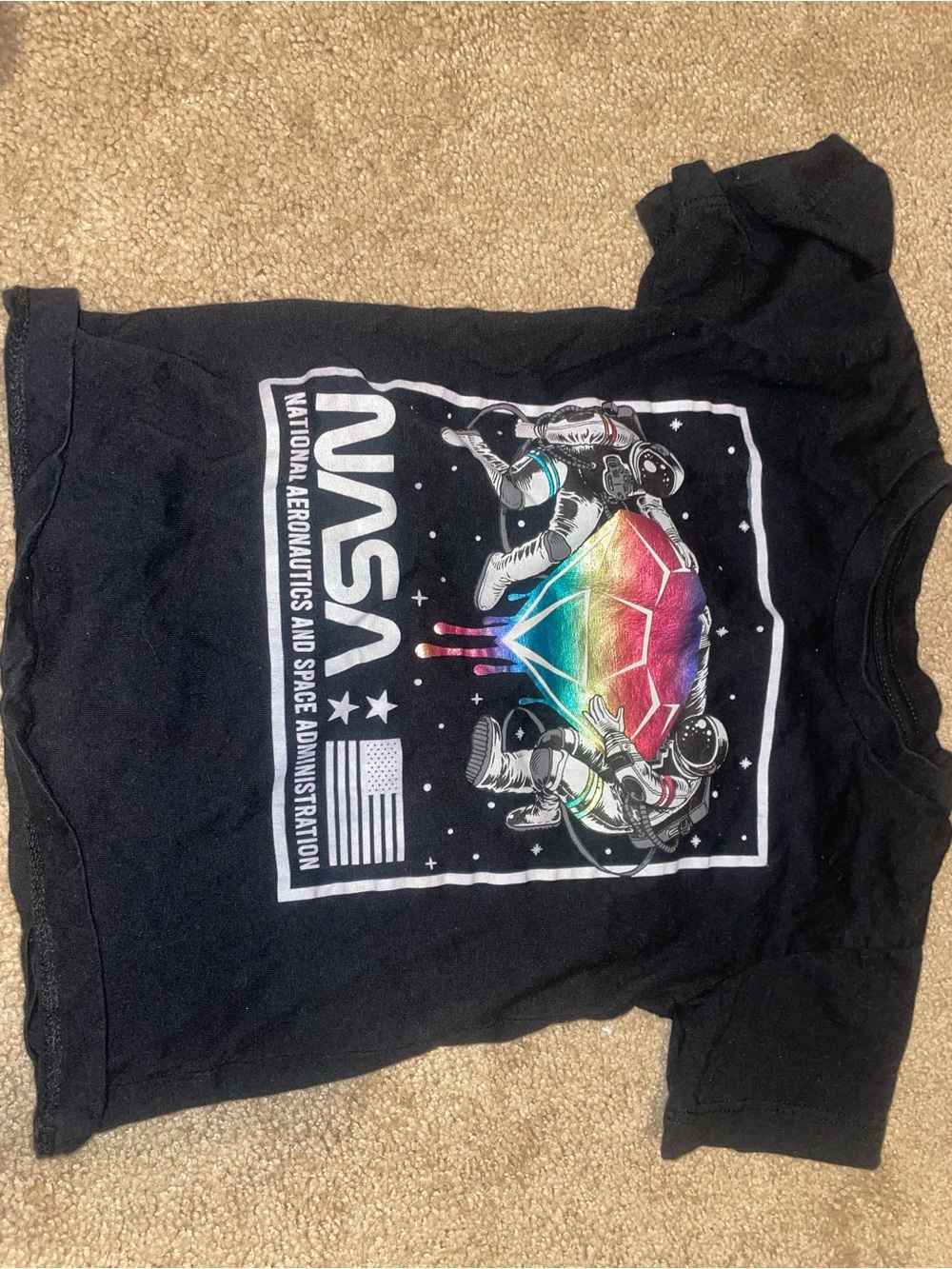 Kids Black Graphic Tee with Rainbow Gem Astronauts
